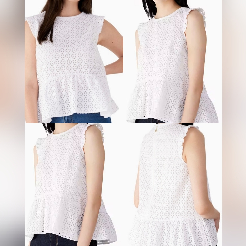 Kate Spade Embroidered Eyelet White Top Zipper Back Lined Ruffle Sz 0 - Picture 3 of 16